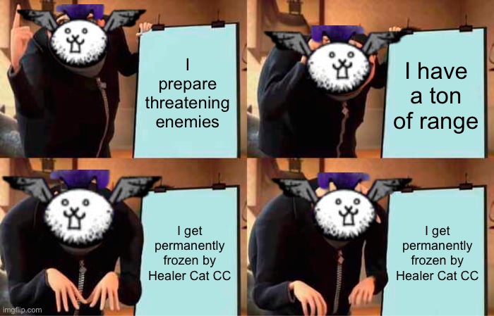 Healer.exe | I prepare threatening enemies; I have a ton of range; I get permanently frozen by Healer Cat CC; I get permanently frozen by Healer Cat CC | image tagged in memes,gru's plan,battle cats | made w/ Imgflip meme maker