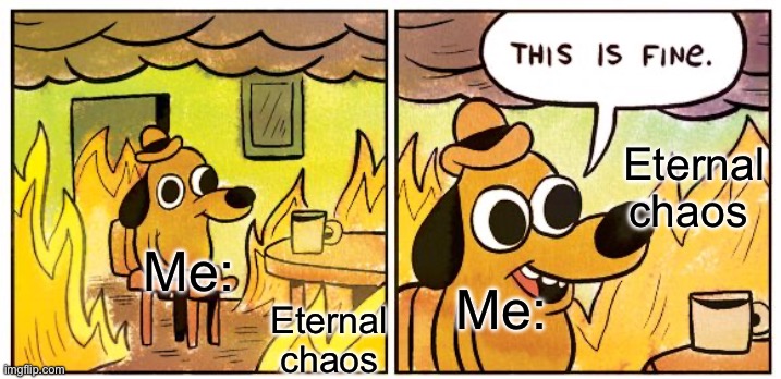 me at home: | Eternal chaos; Me:; Me:; Eternal chaos | image tagged in memes,this is fine | made w/ Imgflip meme maker