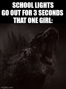 Girl girl godzilla | SCHOOL LIGHTS GO OUT FOR 3 SECONDS 
THAT ONE GIRL: | image tagged in gifs,godzilla | made w/ Imgflip video-to-gif maker
