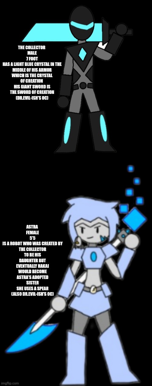 THE COLLECTOR 
MALE
7 FOOT
HAS A LIGHT BLUE CRYSTAL IN THE MIDDLE OF HIS ARMOR WHICH IS THE CRYSTAL OF CREATION 
HIS GIANT SWORD IS THE SWORD OF CREATION
(DR.EVIL-ISH'S OC); ASTRA 
FEMALE
5'5
IS A ROBOT WHO WAS CREATED BY THE COLLECTOR TO BE HIS DAUGHTER BUT EVENTUALLY HAKAI WOULD BECOME ASTRA'S ADOPTED SISTER
SHE USES A SPEAR
(ALSO DR.EVIL-ISH'S OC) | image tagged in collector 2,astra v5 transparent | made w/ Imgflip meme maker