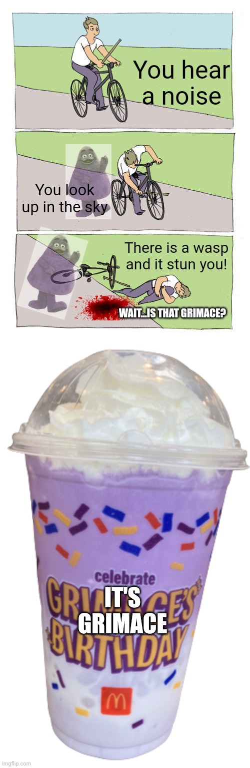 Bike fall but something not right | You hear a noise; You look up in the sky; There is a wasp and it stun you! WAIT...IS THAT GRIMACE? IT'S GRIMACE | image tagged in memes,bike fall,grimace shake,grimace | made w/ Imgflip meme maker