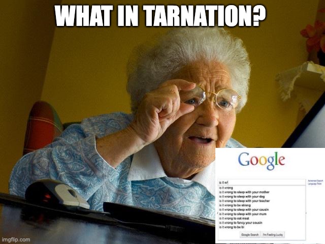 Is it wrong | WHAT IN TARNATION? | image tagged in memes,grandma finds the internet | made w/ Imgflip meme maker