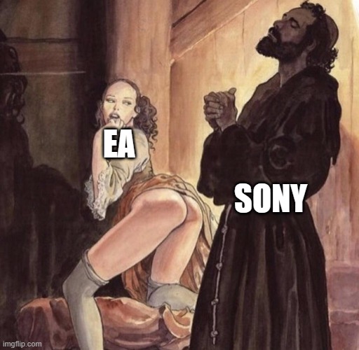 Priest tempted by girl | EA; SONY | image tagged in priest tempted by girl | made w/ Imgflip meme maker