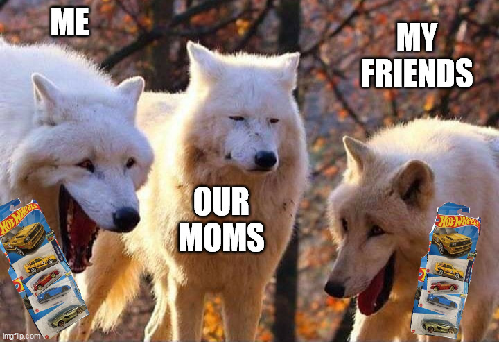 hot wheels collecting | ME; MY FRIENDS; OUR MOMS | image tagged in laughing wolf,hot wheels,collector | made w/ Imgflip meme maker