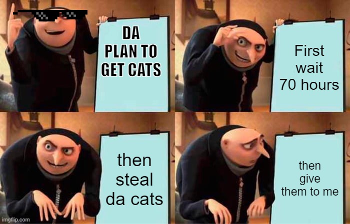 How To Steal Cats | DA PLAN TO GET CATS; First wait 70 hours; then steal da cats; then give them to me | image tagged in memes,gru's plan | made w/ Imgflip meme maker