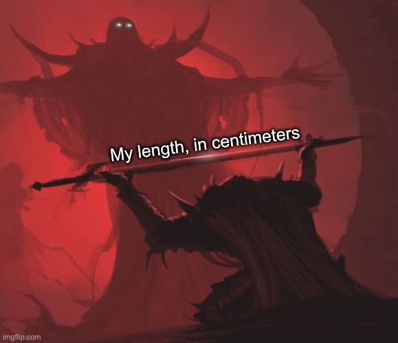 Man giving sword to larger man | My length, in centimeters | image tagged in man giving sword to larger man | made w/ Imgflip meme maker