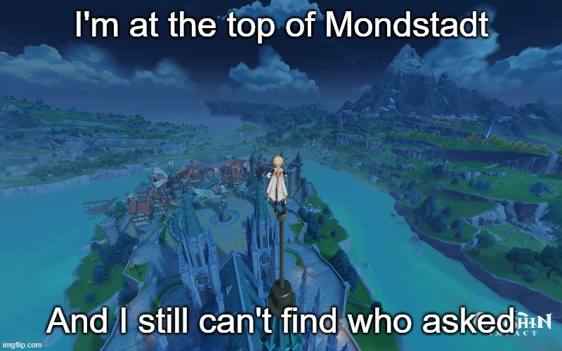 Who asked | I'm at the top of Mondstadt; And I still can't find who asked | image tagged in genshin impact,who asked | made w/ Imgflip meme maker
