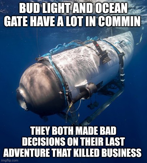 Oceangate 2 | BUD LIGHT AND OCEAN GATE HAVE A LOT IN COMMIN; THEY BOTH MADE BAD DECISIONS ON THEIR LAST ADVENTURE THAT KILLED BUSINESS | image tagged in oceangate 2 | made w/ Imgflip meme maker