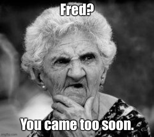 confused old lady | Fred? You came too soon. | image tagged in confused old lady | made w/ Imgflip meme maker