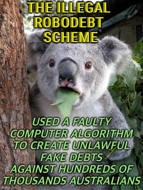 The reckless Robodebt scheme | THE ILLEGAL 
ROBODEBT 
SCHEME; USED A FAULTY COMPUTER ALGORITHM TO CREATE UNLAWFUL FAKE DEBTS AGAINST HUNDREDS OF THOUSANDS AUSTRALIANS | image tagged in memes,surprised koala | made w/ Imgflip meme maker