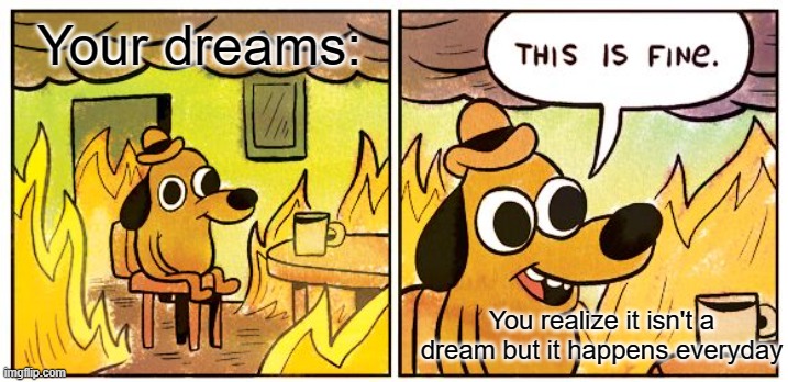 This Is Fine Meme | Your dreams: You realize it isn't a dream but it happens everyday | image tagged in memes,this is fine | made w/ Imgflip meme maker