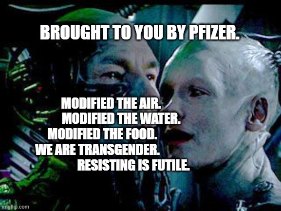 borg | BROUGHT TO YOU BY PFIZER. MODIFIED THE AIR.              MODIFIED THE WATER.      MODIFIED THE FOOD.                
  WE ARE TRANSGENDER.                      
          RESISTING IS FUTILE. | image tagged in borg | made w/ Imgflip meme maker