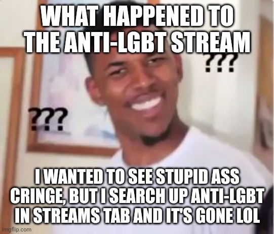 Idk | WHAT HAPPENED TO THE ANTI-LGBT STREAM; I WANTED TO SEE STUPID ASS CRINGE, BUT I SEARCH UP ANTI-LGBT IN STREAMS TAB AND IT'S GONE LOL | image tagged in nick young | made w/ Imgflip meme maker