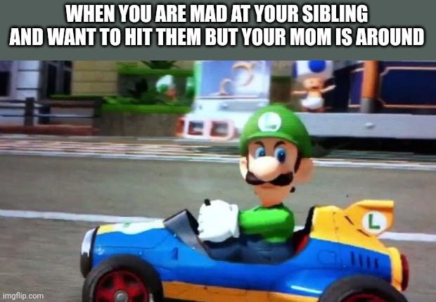 Siblings | WHEN YOU ARE MAD AT YOUR SIBLING AND WANT TO HIT THEM BUT YOUR MOM IS AROUND | image tagged in luigi death stare | made w/ Imgflip meme maker
