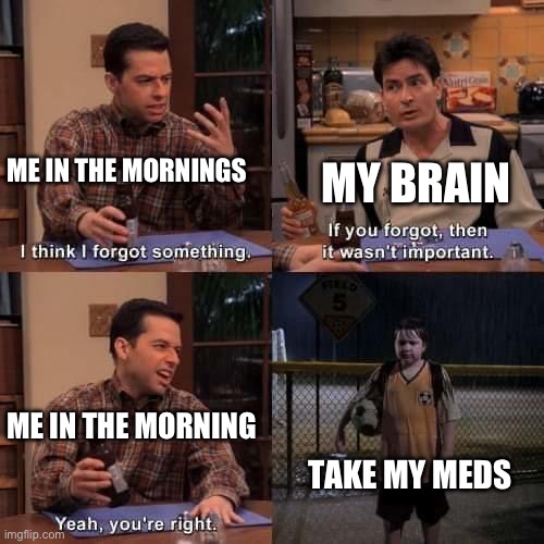 Forgetting meds | ME IN THE MORNINGS; MY BRAIN; ME IN THE MORNING; TAKE MY MEDS | image tagged in i think i forgot something | made w/ Imgflip meme maker