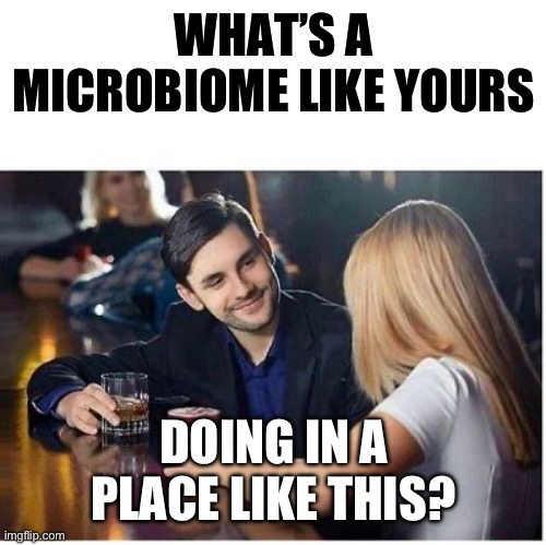 COUPLE AT BAR PICKUP LINE BLANK | WHAT’S A MICROBIOME LIKE YOURS; DOING IN A PLACE LIKE THIS? | image tagged in couple at bar pickup line blank | made w/ Imgflip meme maker