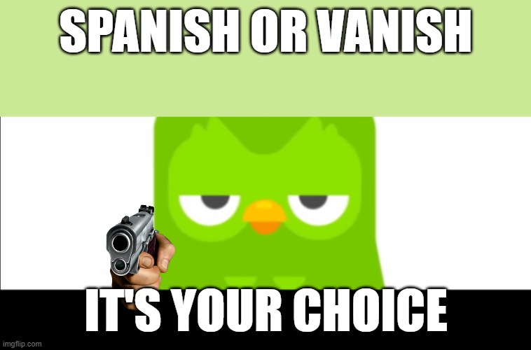 duolingo | SPANISH OR VANISH; IT'S YOUR CHOICE | image tagged in duolingo was unimpressed | made w/ Imgflip meme maker