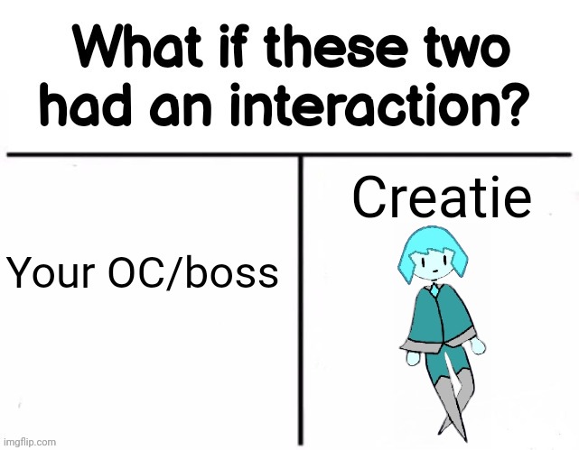 What if these two had an interaction? | Creatie; Your OC/boss | image tagged in what if these two had an interaction | made w/ Imgflip meme maker