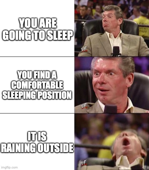 Best feeling ever | YOU ARE GOING TO SLEEP; YOU FIND A COMFORTABLE SLEEPING POSITION; IT IS RAINING OUTSIDE | image tagged in good better best | made w/ Imgflip meme maker