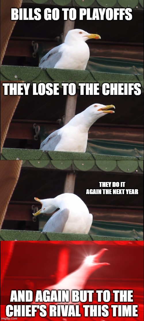 Inhaling Seagull Meme | BILLS GO TO PLAYOFFS; THEY LOSE TO THE CHEIFS; THEY DO IT AGAIN THE NEXT YEAR; AND AGAIN BUT TO THE CHIEF'S RIVAL THIS TIME | image tagged in memes,inhaling seagull | made w/ Imgflip meme maker