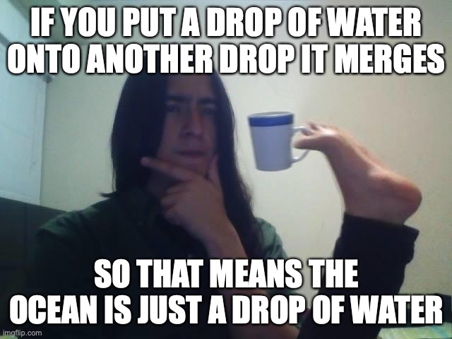 Very interesting... | IF YOU PUT A DROP OF WATER ONTO ANOTHER DROP IT MERGES; SO THAT MEANS THE OCEAN IS JUST A DROP OF WATER | image tagged in hmmmm,fun | made w/ Imgflip meme maker