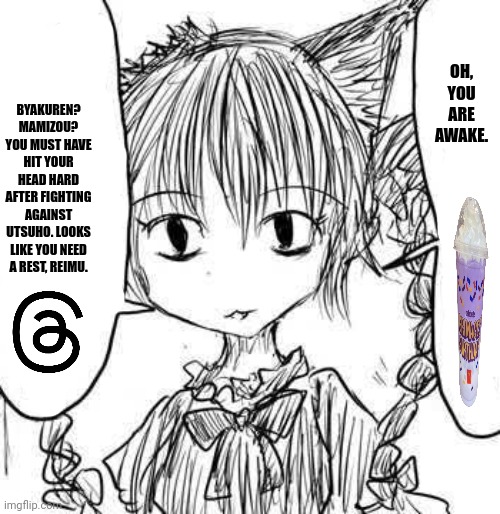 BYAKUREN? MAMIZOU? YOU MUST HAVE HIT YOUR HEAD HARD AFTER FIGHTING AGAINST UTSUHO. LOOKS LIKE YOU NEED A REST, REIMU. OH, YOU ARE AWAKE. | image tagged in memes,touhou,fun | made w/ Imgflip meme maker