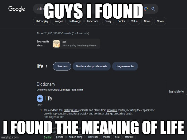 I FOUND THE MEANING OF LIFE!! | GUYS I FOUND; I FOUND THE MEANING OF LIFE | image tagged in memes,life,meme,the meaning of life | made w/ Imgflip meme maker