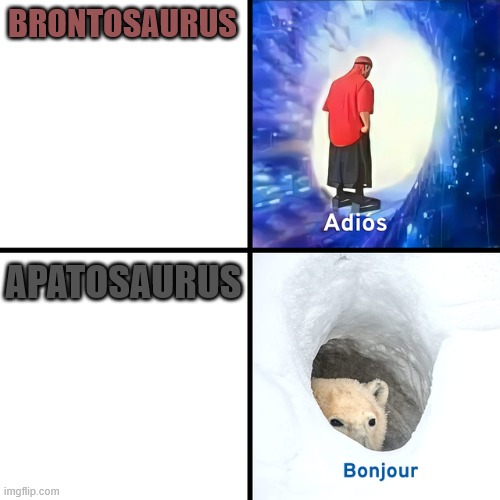 error: brontosaurus validation has been denied by virus scanner because NO | BRONTOSAURUS; APATOSAURUS | image tagged in adios bonjour,dinosaurs | made w/ Imgflip meme maker