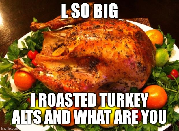 Roasted turkey | L SO BIG; I ROASTED TURKEY ALTS AND WHAT ARE YOU | image tagged in roasted turkey | made w/ Imgflip meme maker