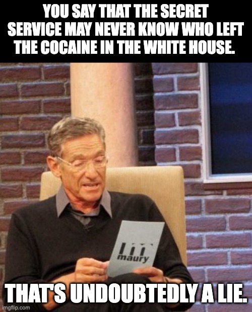 Lie | YOU SAY THAT THE SECRET SERVICE MAY NEVER KNOW WHO LEFT THE COCAINE IN THE WHITE HOUSE. THAT'S UNDOUBTEDLY A LIE. | image tagged in memes,maury lie detector | made w/ Imgflip meme maker