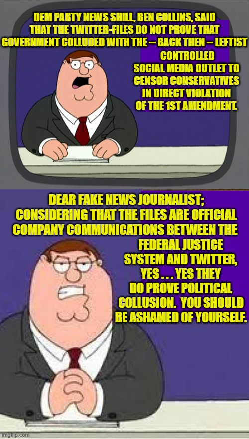To leftists NO proof against Trump IS the proof and any proof against the Left is NO proof. | DEM PARTY NEWS SHILL, BEN COLLINS, SAID THAT THE TWITTER-FILES DO NOT PROVE THAT GOVERNMENT COLLUDED WITH THE -- BACK THEN -- LEFTIST; CONTROLLED SOCIAL MEDIA OUTLET TO CENSOR CONSERVATIVES IN DIRECT VIOLATION OF THE 1ST AMENDMENT. DEAR FAKE NEWS JOURNALIST; CONSIDERING THAT THE FILES ARE OFFICIAL COMPANY COMMUNICATIONS BETWEEN THE; FEDERAL JUSTICE SYSTEM AND TWITTER, YES . . . YES THEY DO PROVE POLITICAL COLLUSION.  YOU SHOULD BE ASHAMED OF YOURSELF. | image tagged in peter griffin news | made w/ Imgflip meme maker