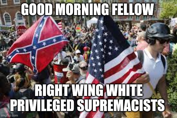 Right wing | GOOD MORNING FELLOW; RIGHT WING WHITE PRIVILEGED SUPREMACISTS | image tagged in good morning | made w/ Imgflip meme maker