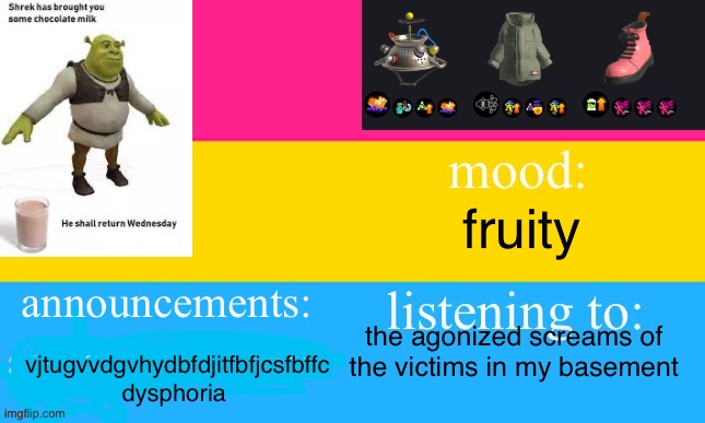 i need a new template | fruity; announcements:; the agonized screams of the victims in my basement; vjtugvvdgvhydbfdjitfbfjcsfbffc dysphoria | image tagged in whatinthegay s announcement template,e | made w/ Imgflip meme maker