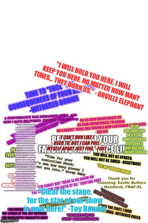 Repost But Add Your Favourite FNAF Quote (finally did this trend) | "I WILL HOLD YOU HERE. I WILL KEEP YOU HERE. NO MATTER HOW MANY TIMES... THEY BURN US." - ORVILLE ELEPHANT | image tagged in repost but add your favourite fnaf quote | made w/ Imgflip meme maker