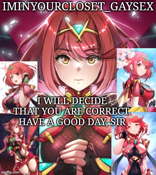 I WILL DECIDE THAT YOU ARE CORRECT. HAVE A GOOD DAY, SIR | image tagged in pyra my beloved | made w/ Imgflip meme maker