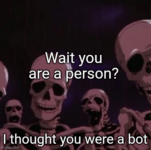 roasting skeletons | Wait you are a person? I thought you were a bot | image tagged in roasting skeletons | made w/ Imgflip meme maker