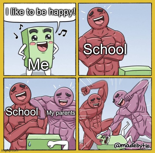 Like thats ever gonna happen | I like to be happy! School; Me; School; My parents | image tagged in guy getting beat up,memes,funny,sad but true,school,sad | made w/ Imgflip meme maker