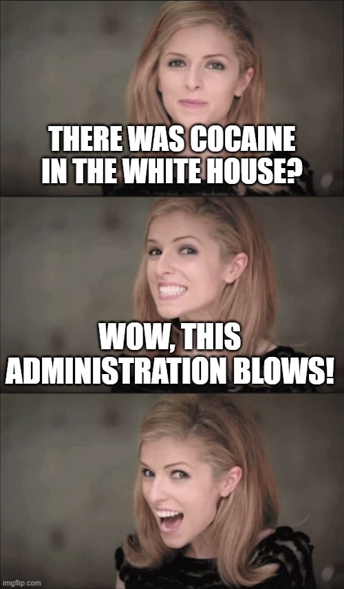 I'll show myself out. | THERE WAS COCAINE IN THE WHITE HOUSE? WOW, THIS ADMINISTRATION BLOWS! | image tagged in memes,bad pun anna kendrick | made w/ Imgflip meme maker