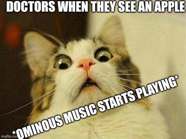 Be afraid of the apple | DOCTORS WHEN THEY SEE AN APPLE; *OMINOUS MUSIC STARTS PLAYING* | image tagged in memes,scared cat | made w/ Imgflip meme maker