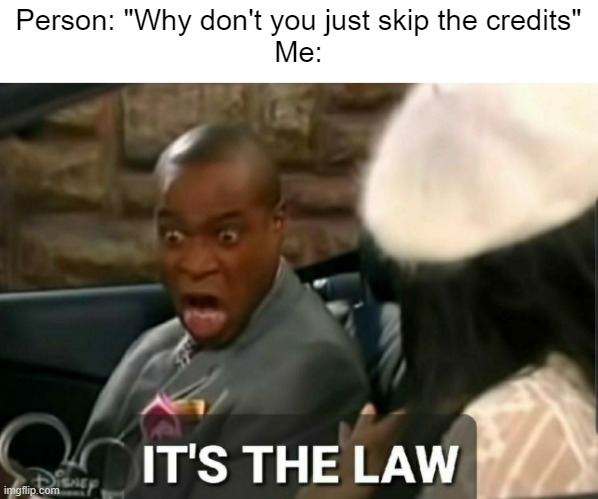 Besides, there's probably a secret cutscene | Person: "Why don't you just skip the credits"
Me: | image tagged in it's the law,memes,relatable,movies,video games,credit | made w/ Imgflip meme maker