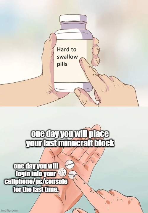Hard To Swallow Pills | one day you will place your last minecraft block; one day you will login into your cellphone/pc/console for the last time. | image tagged in memes,hard to swallow pills | made w/ Imgflip meme maker