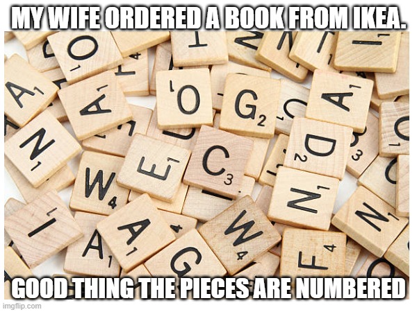 IKEA | MY WIFE ORDERED A BOOK FROM IKEA. GOOD THING THE PIECES ARE NUMBERED | image tagged in memes,eyeroll | made w/ Imgflip meme maker