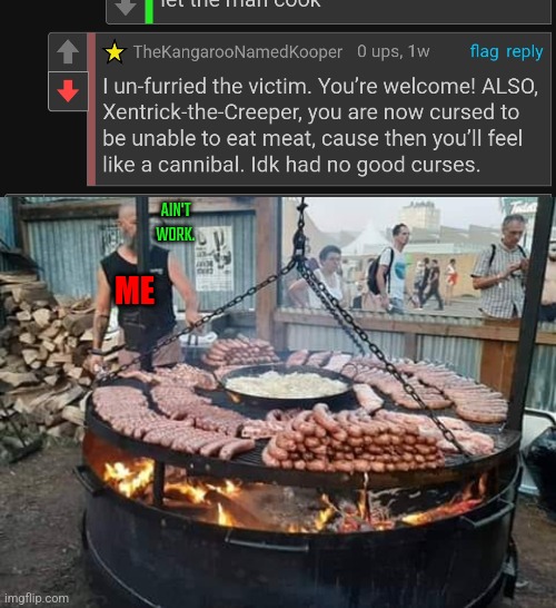 Someone tried to curse me to become a vegetarian (not that being one is a bad thing, but it ain't work) | AIN'T WORK. ME | image tagged in bbq grill | made w/ Imgflip meme maker