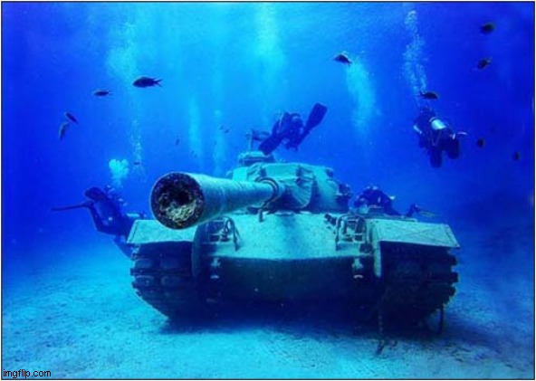 Underwater Military Museum Aqaba Jordon | image tagged in tanks,underwater,museum | made w/ Imgflip meme maker