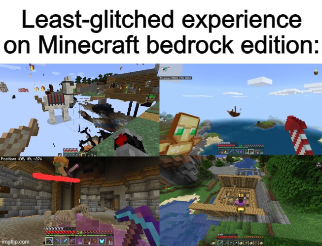 So... many... bugs X_X | Least-glitched experience on Minecraft bedrock edition: | image tagged in martha stewart | made w/ Imgflip meme maker