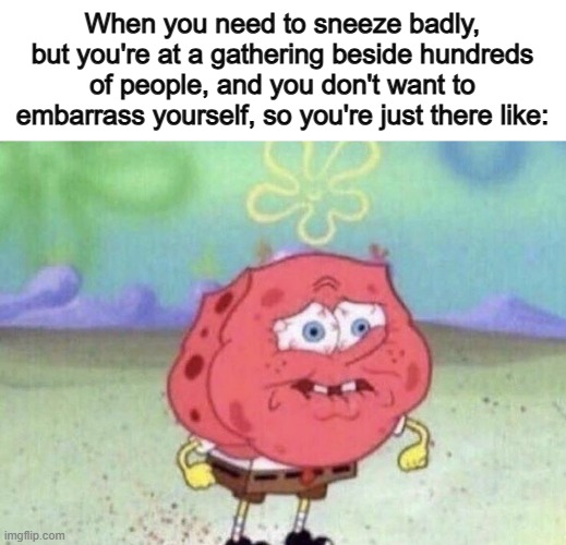Same for coughing bro X_X | When you need to sneeze badly, but you're at a gathering beside hundreds of people, and you don't want to embarrass yourself, so you're just there like: | image tagged in spongebob holding breath | made w/ Imgflip meme maker