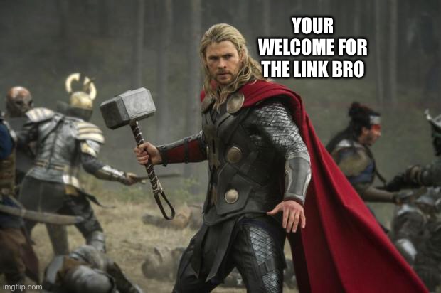 I made the text | YOUR WELCOME FOR THE LINK BRO | image tagged in thor hammer | made w/ Imgflip meme maker