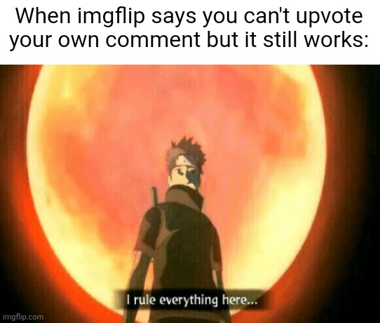 You can't upvote your own com- oh nevermind | When imgflip says you can't upvote your own comment but it still works: | image tagged in i rule everything here,naruto,upvotes,comments,rules,funny | made w/ Imgflip meme maker
