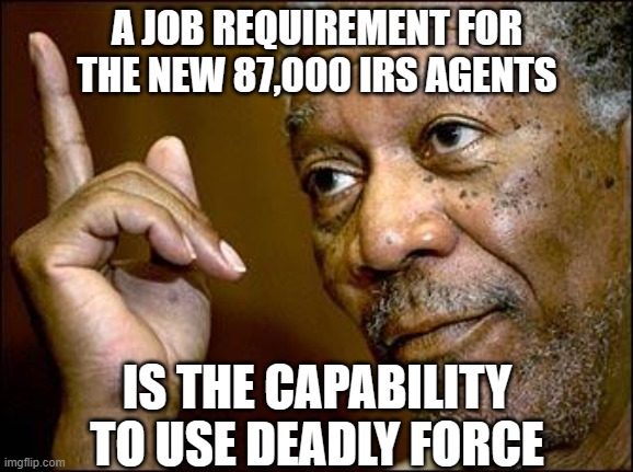 This Morgan Freeman | A JOB REQUIREMENT FOR THE NEW 87,000 IRS AGENTS IS THE CAPABILITY TO USE DEADLY FORCE | image tagged in this morgan freeman | made w/ Imgflip meme maker