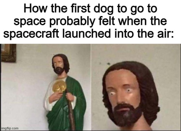 Poor puppy :[] | How the first dog to go to space probably felt when the spacecraft launched into the air: | image tagged in wide eyed jesus | made w/ Imgflip meme maker